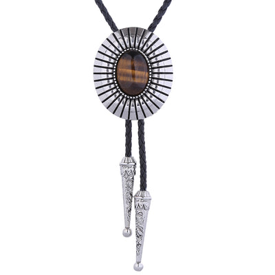 Brown Stone Bolo Tie Silver Necklace Tiger's Eye Bolotie