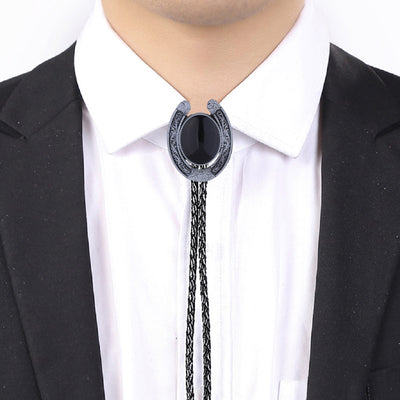 Black Agate Necktie Horseshoe Bolo Tie Mens Bootlace