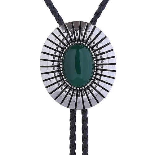 Silver Bolo Necklace Men's Green Agate Tie Goth Bolo Tie