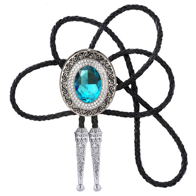 Mens Suit Bolo Tie Blue Glass Stone Tie with Rhinestone Necklace Bolo