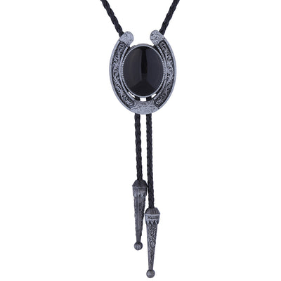 Black Agate Necktie Horseshoe Bolo Tie Mens Bootlace