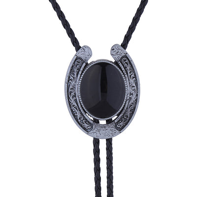 Black Agate Necktie Horseshoe Bolo Tie Mens Bootlace