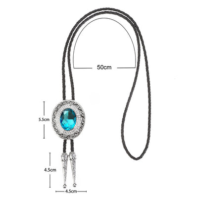 Mens Suit Bolo Tie Blue Glass Stone Tie with Rhinestone Necklace Bolo