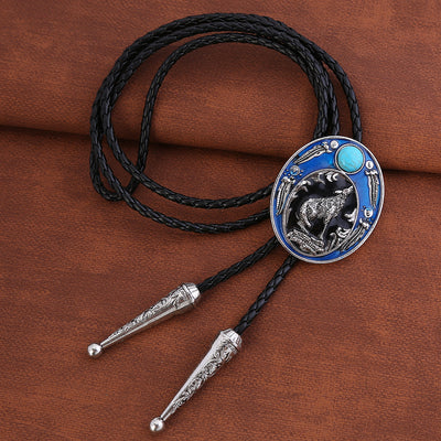 Vintage Turquoise Bolo Men Western Blue Tie Wolf Bolo