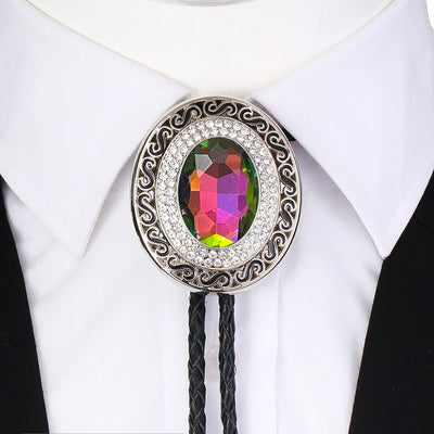 Mens Suit Tie Colorful Glass Stone Bolo with Rhinestone Necklace Tie