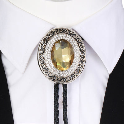 Mens Wedding Bolo Golden Glass Stone Tie with Rhinestone Necklace